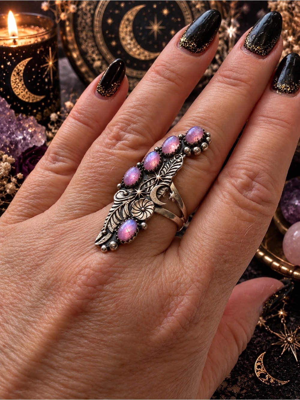 Sterling Silver Pink Moonstone Statement Ring • Adjustable • Boho Celestial